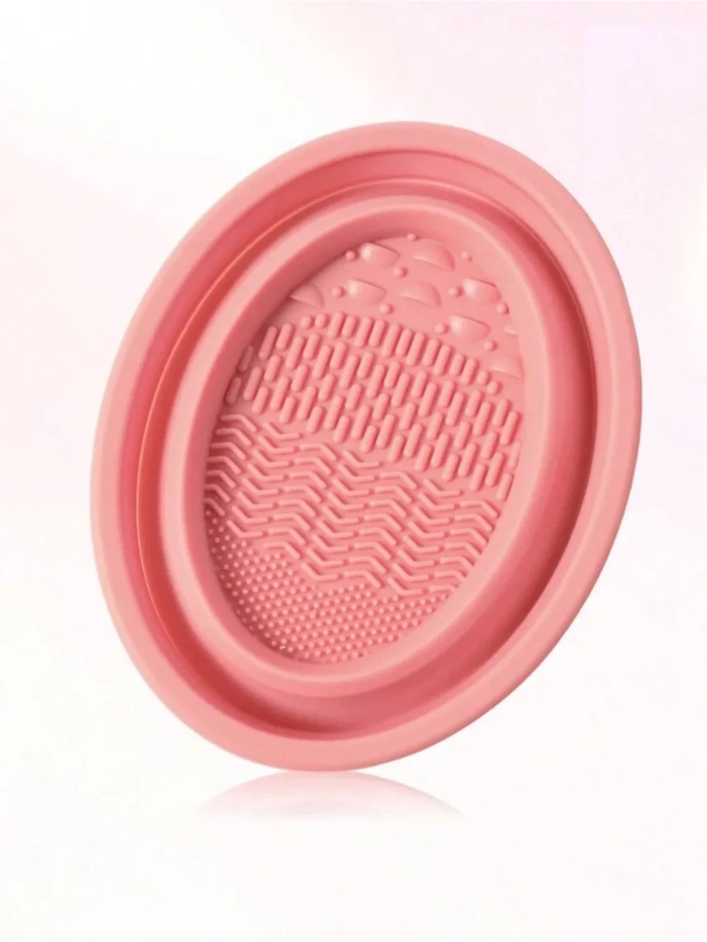 Pink Silicone Oval Makeup Brush Cleaning Pad, Folding Design, Multiple Textures